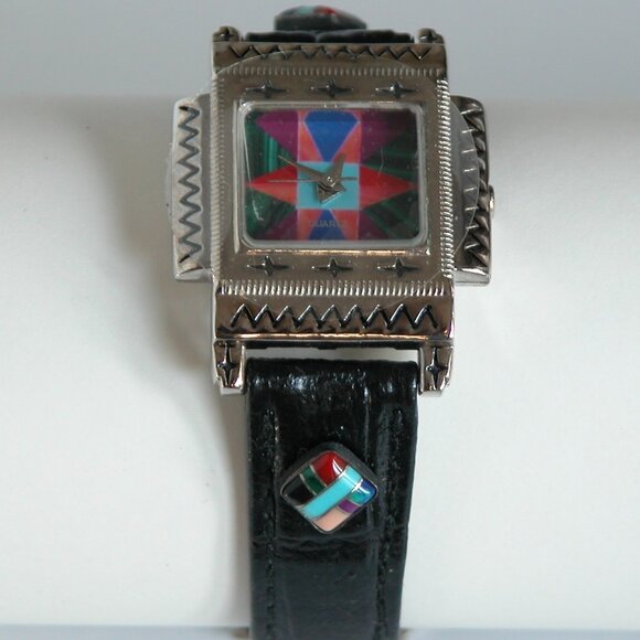 Vtg 80s 90s Watch Southwest Turquoise Inlay NOS Rainbow Timepiece - Picture 2 of 12